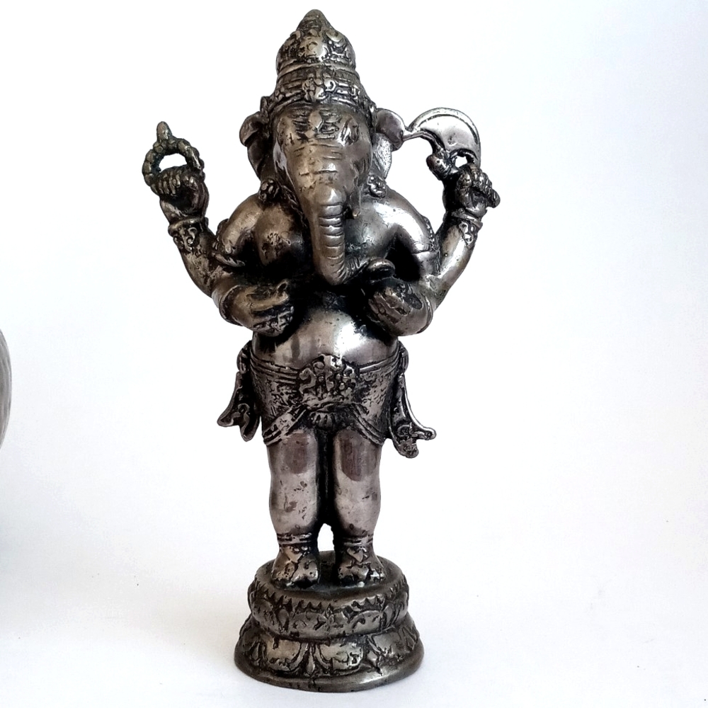 Antique Pewter Bronzed Brass Aged Silver Ganesh Statue 9" Tall - Picture 11 of 11
